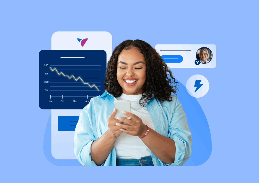 Woman smiling while looking at her cellphone, with background graphics showing a weight loss chart and a provider notification from the Vida app.