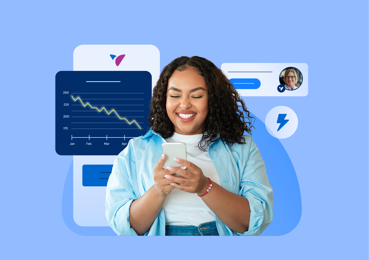 Woman smiling while looking at her cellphone, with background graphics showing a weight loss chart and a provider notification from the Vida app.